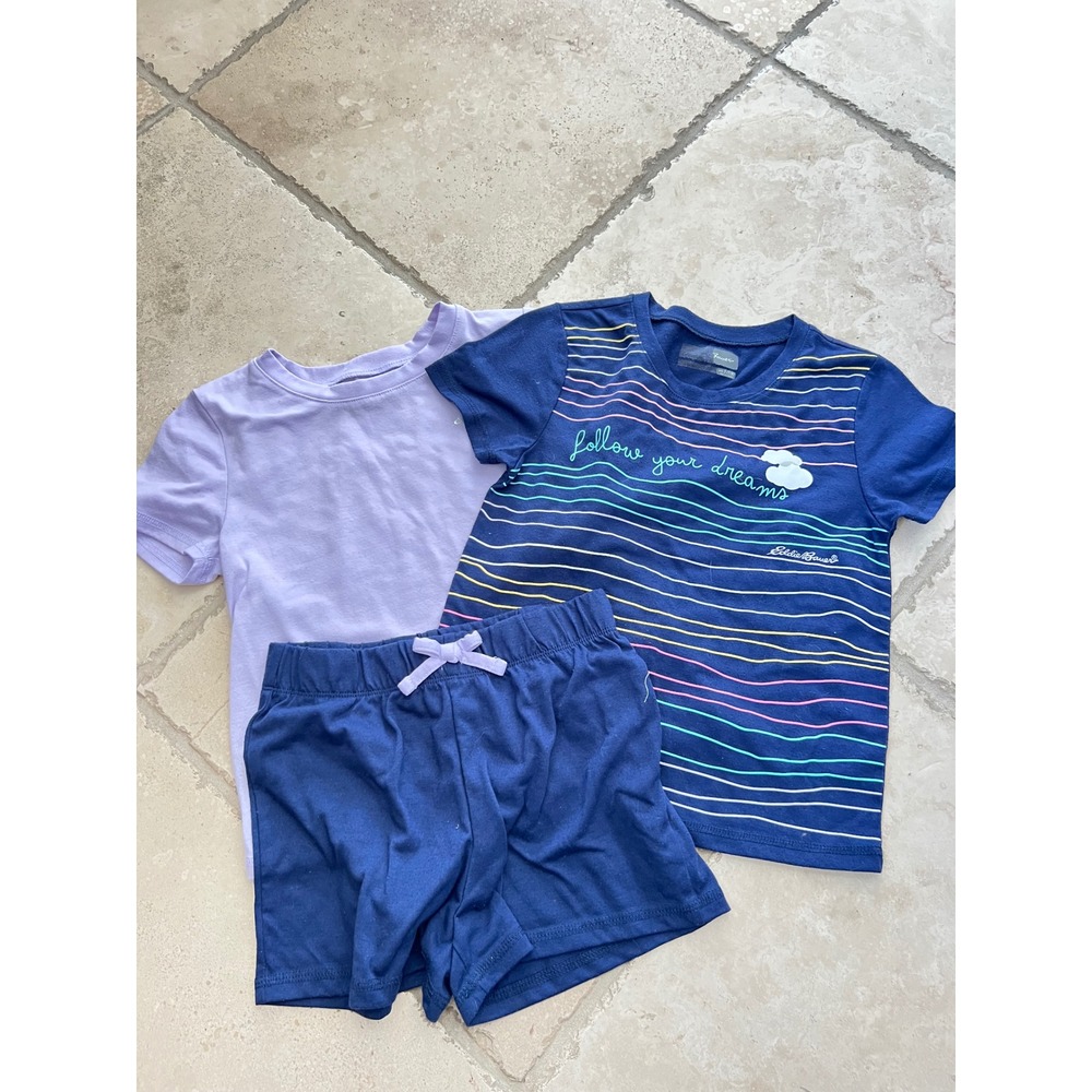 Eddie Bauer Kids Girls 3-Piece Pajama Set Navy Purple Striped Dreams Size S 7/8
